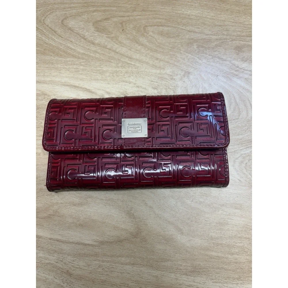 Liz Claiborne Red Embossed Checkbook Wallet Organizer Snap Closure Women's